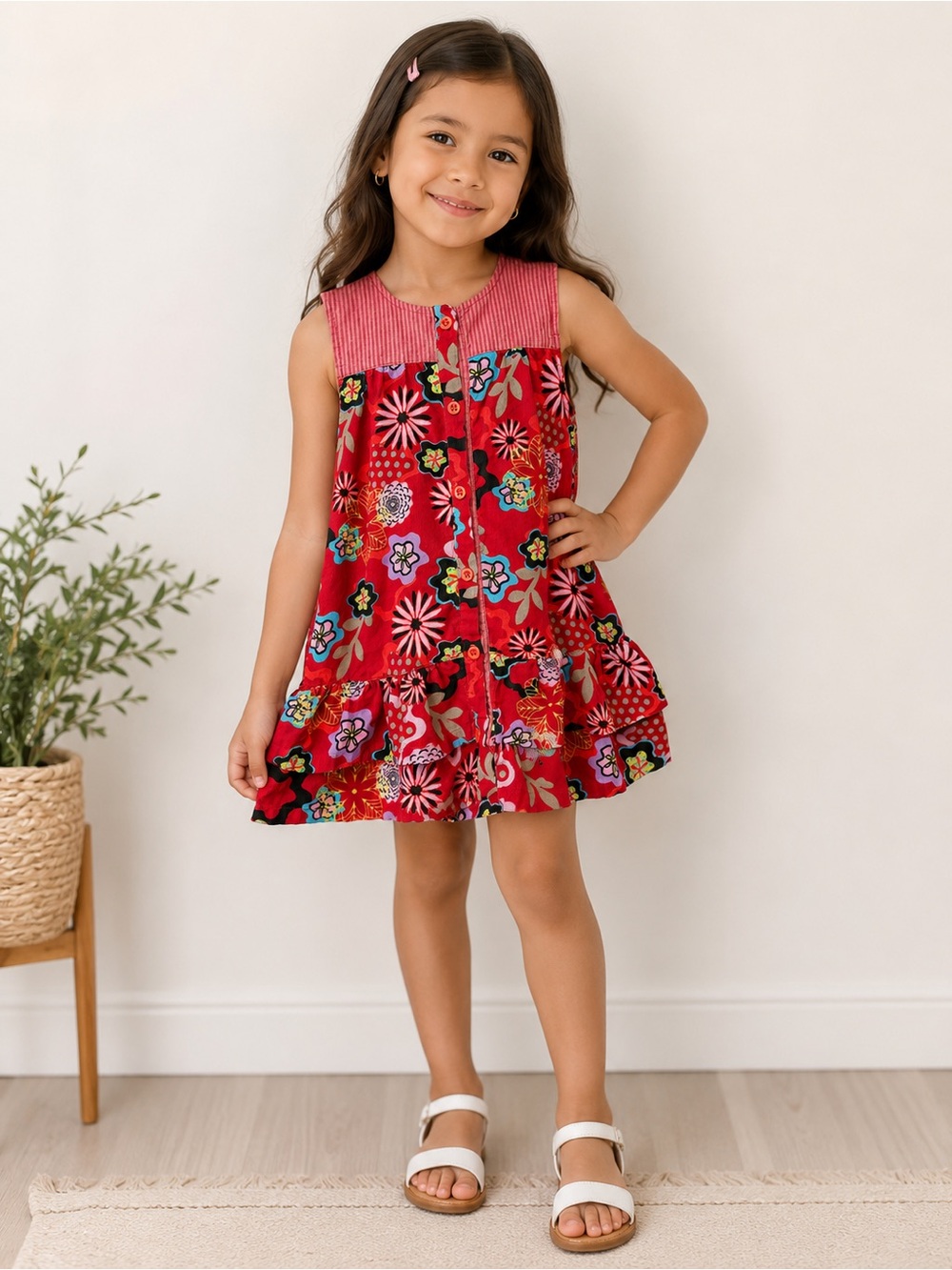 me too Red Floral Button-Front Ruffle Dress Size 2Y